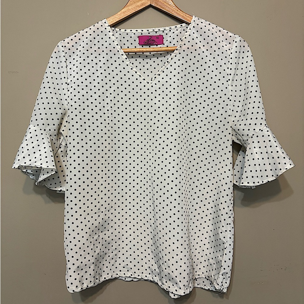LUCKY CHARM Polka Dot Ruffle Sleeve V-Neck Top